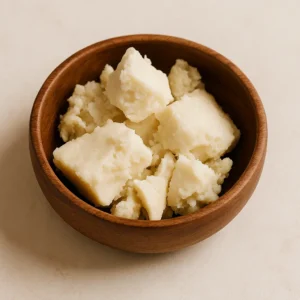 Jar of Shea Butter with shea nuts on natural background.