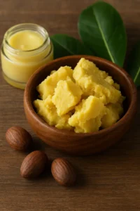 Jar of pure Shea Butter with shea nuts — natural moisturizer for radiant, healthy skin.