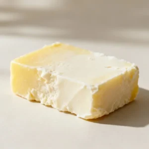 Woman applying pure Shea Butter to sensitive skin on her face — gentle natural skincare.