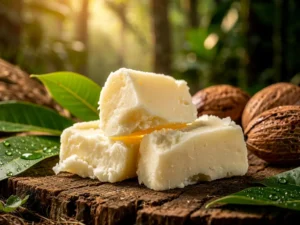Open jar of raw shea butter showing natural texture and color.