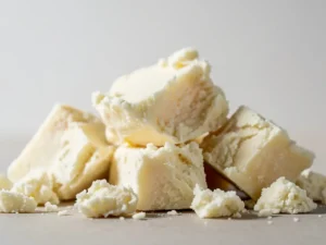 Close-up of raw Shea Butter with a grainy texture in a wooden bowl.