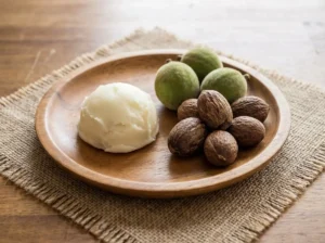 Solid raw Shea Butter in a jar during cold weather.