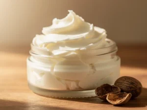 Open jar of raw Shea Butter showing natural texture and color.