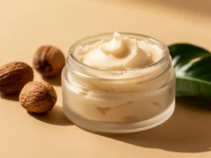 Woman applying Shea Butter to face for natural hydration.