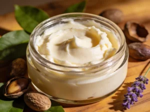 Raw Shea Butter displayed in a natural skincare setting.