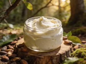 Applying raw Shea Butter to moisturized skin.