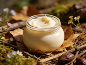 Close-up of a woman applying shea butter to dry hands and elbows with a jar of unrefined shea butter nearby.